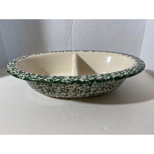 New Gerald Henn Roseville Ohio Green Spongeware Divided Serving Bowl